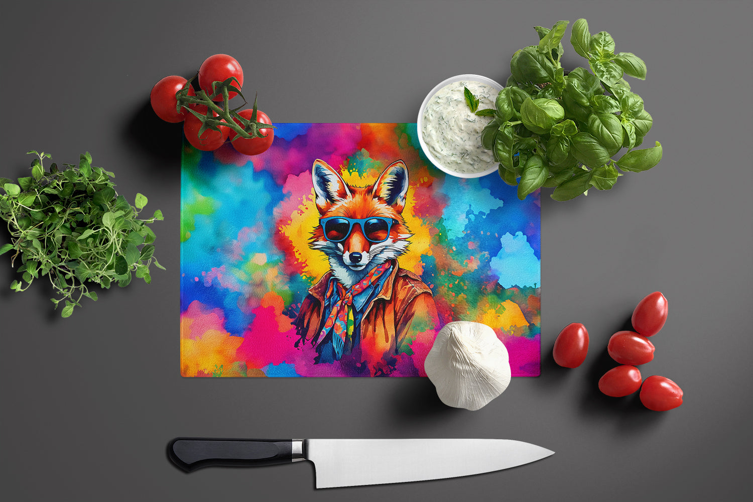 Hippie Animal Fox Cutting Board Tempered Glass Kitchen Cutting Surface, Heat Resistant Chopping, Non-Slip Feet, Food Prep & Serving