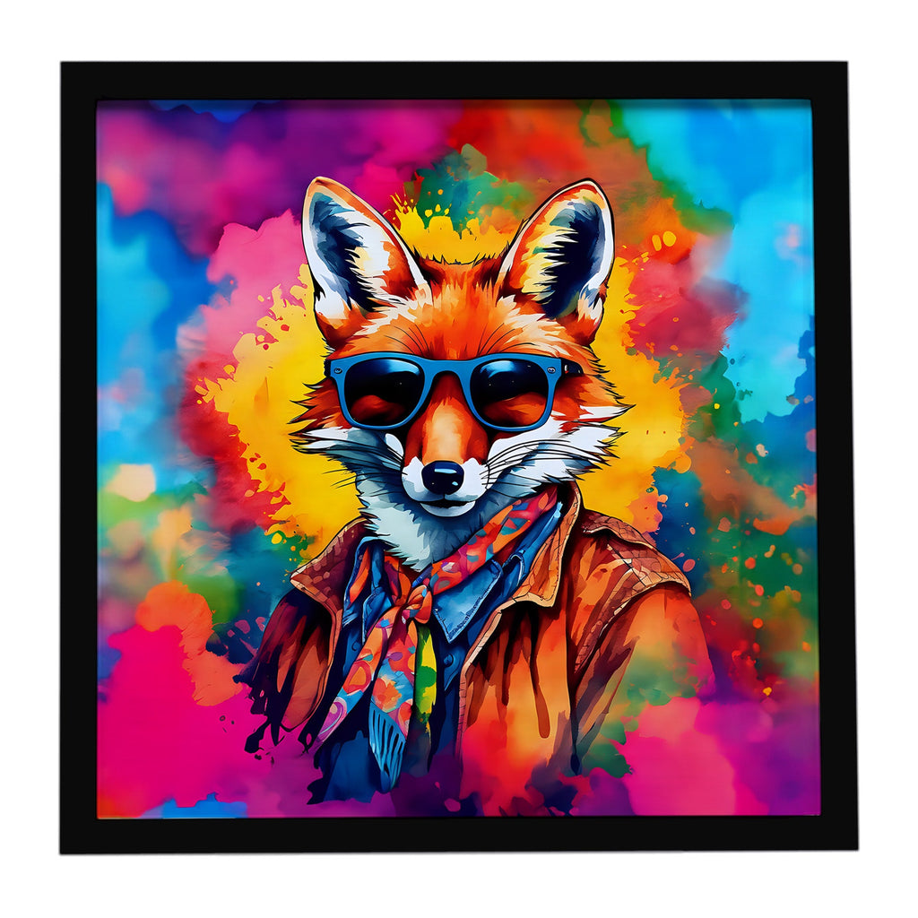 Hippie Animal Fox Framed Metal Print Bathroom, Kitchen, Office, Home Decor Wall Art Ready to Hang, Square, 8X8