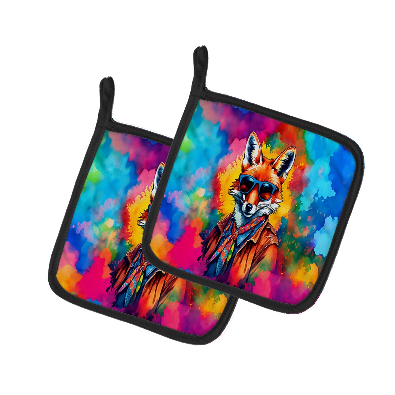 Hippie Animal Fox Pot Holder Set of 2 Heat Resistant Quilted Hot Pads 7.5 x 7.5 Inch, Insulated Kitchen Trivets for Cooking & Baking