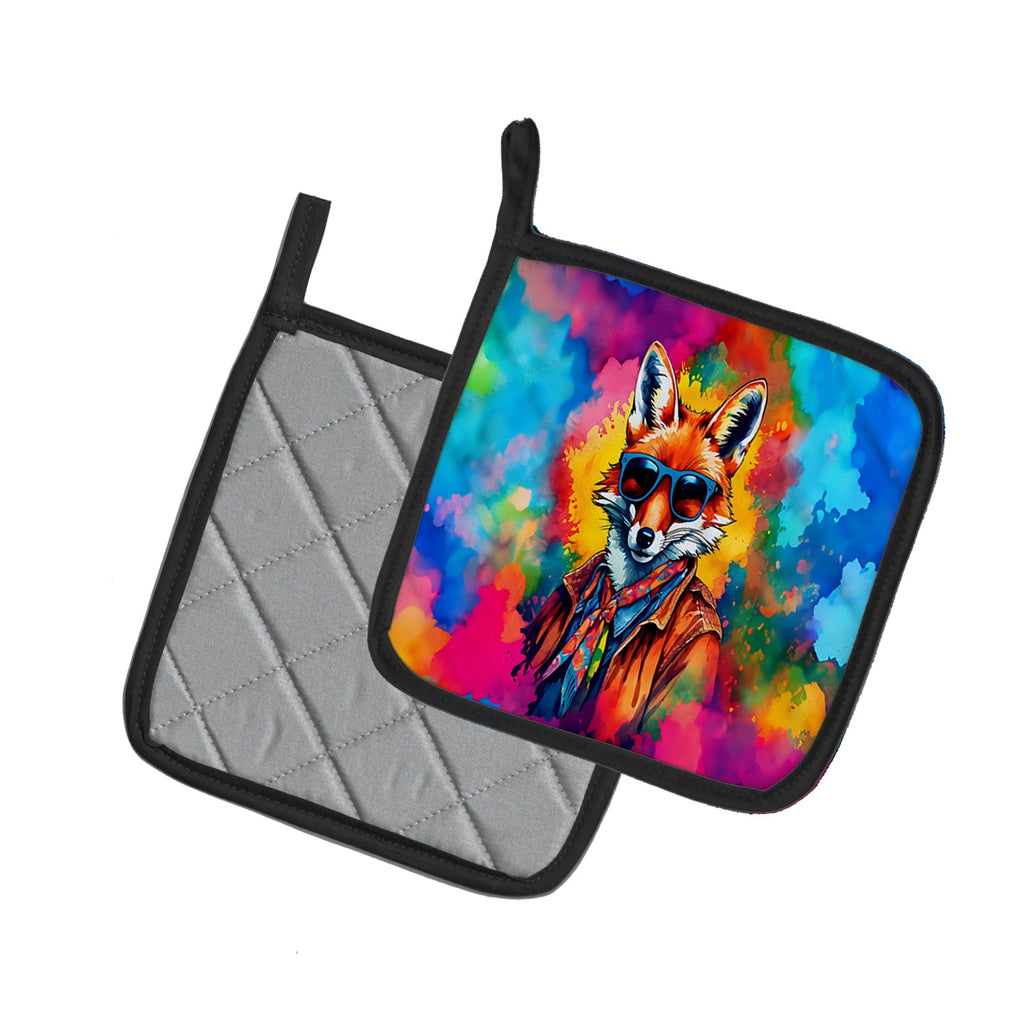 Hippie Animal Fox Pot Holder Set of 2 Heat Resistant Quilted Hot Pads 7.5 x 7.5 Inch, Insulated Kitchen Trivets for Cooking & Baking