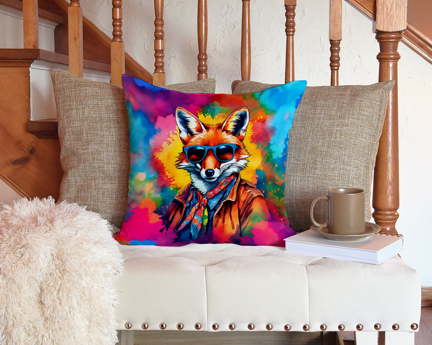 Hippie Animal Fox Decorative Throw Pillow 14x14 Indoor Outdoor Accent Cushion, Fabric Cover with Insert for Sofa, Bed, Porch & Living Room