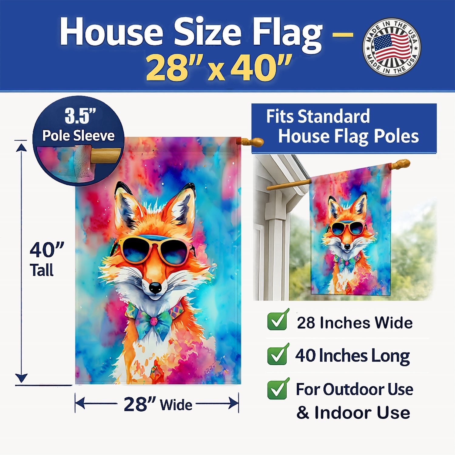 Hippie Animal Fox House Flag 28x40 Porch Sleeve Pole Decorative Outside Yard Banner Artwork Wall Hanging, Polyester