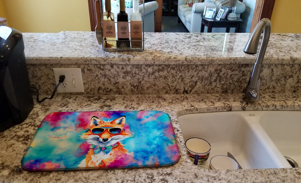 Hippie Animal Fox Dish Drying Mat Absorbent Dish Drying Mat Pad for Kitchen Counter Dish Drainer Mat for Countertop, 14 x 21", Multicolor