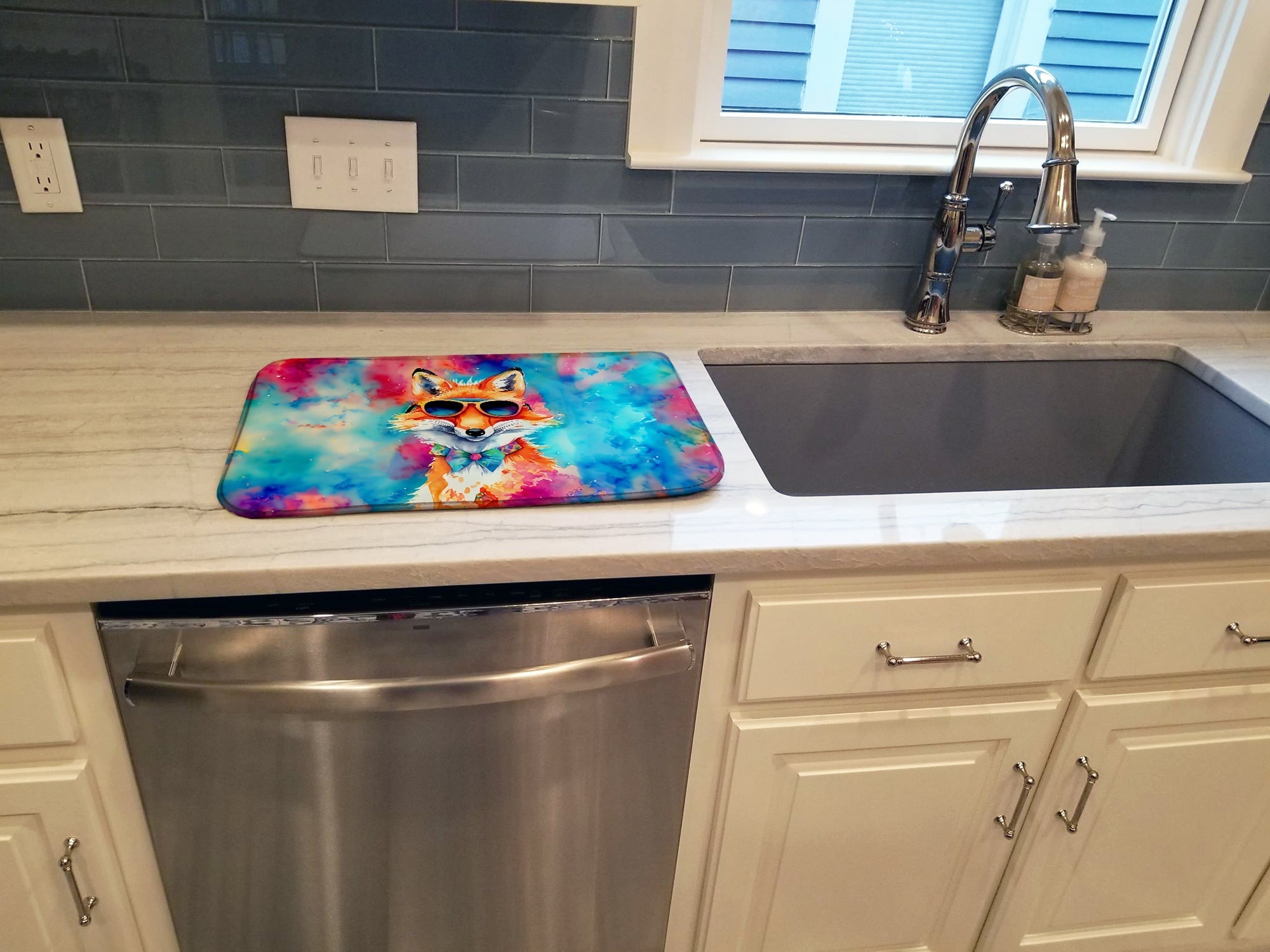 Hippie Animal Fox Dish Drying Mat Absorbent Dish Drying Mat Pad for Kitchen Counter Dish Drainer Mat for Countertop, 14 x 21", Multicolor
