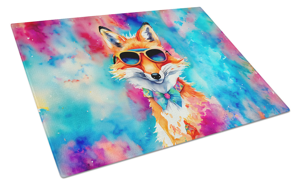 Hippie Animal Fox Cutting Board Tempered Glass Kitchen Cutting Surface, Heat Resistant Chopping, Non-Slip Feet, Food Prep & Serving
