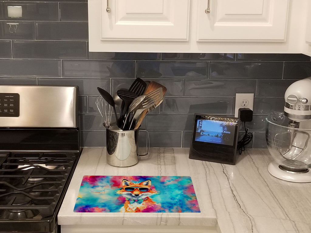 Hippie Animal Fox Cutting Board Tempered Glass Kitchen Cutting Surface, Heat Resistant Chopping, Non-Slip Feet, Food Prep & Serving