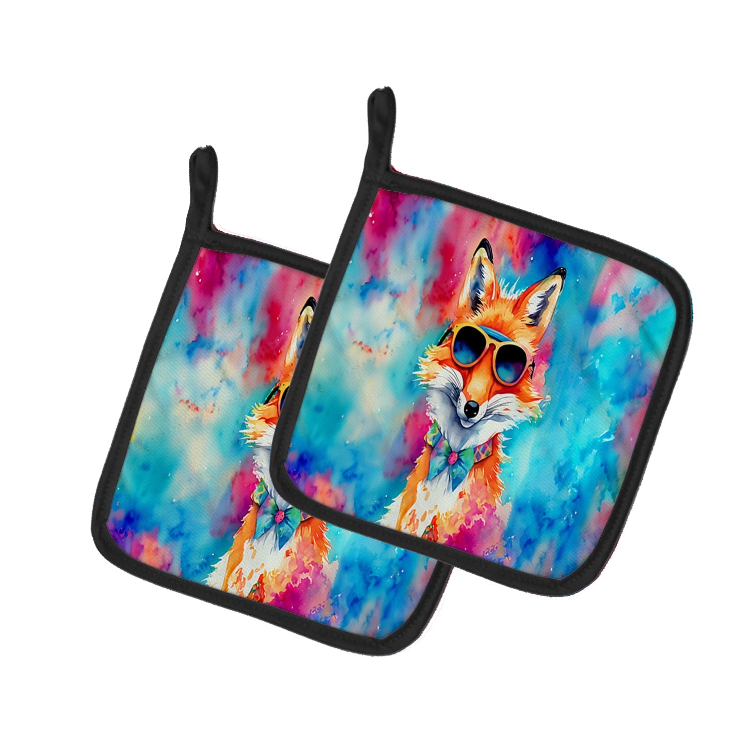 Hippie Animal Fox Pot Holder Set of 2 Heat Resistant Quilted Hot Pads 7.5 x 7.5 Inch, Insulated Kitchen Trivets for Cooking & Baking
