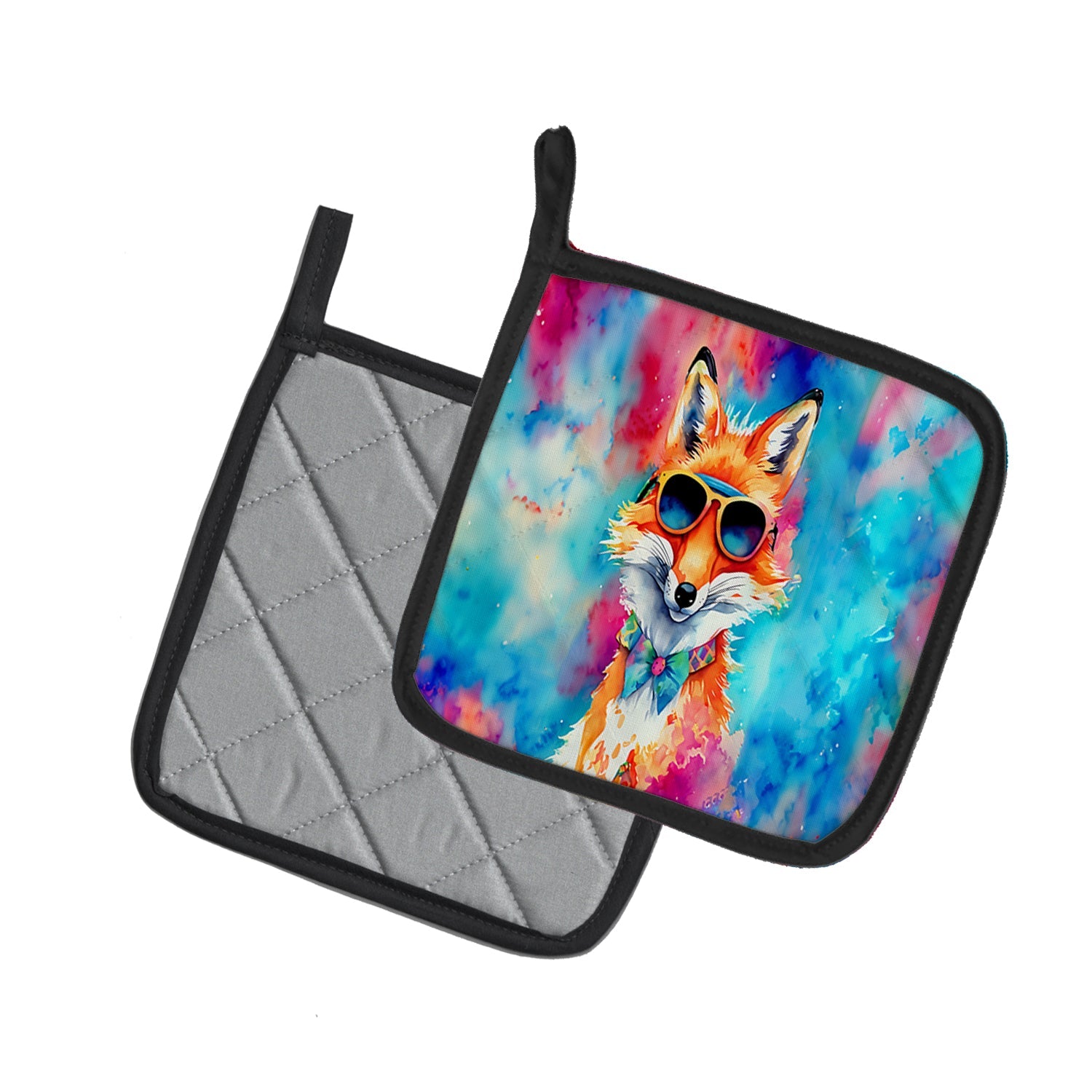Hippie Animal Fox Pot Holder Set of 2 Heat Resistant Quilted Hot Pads 7.5 x 7.5 Inch, Insulated Kitchen Trivets for Cooking & Baking