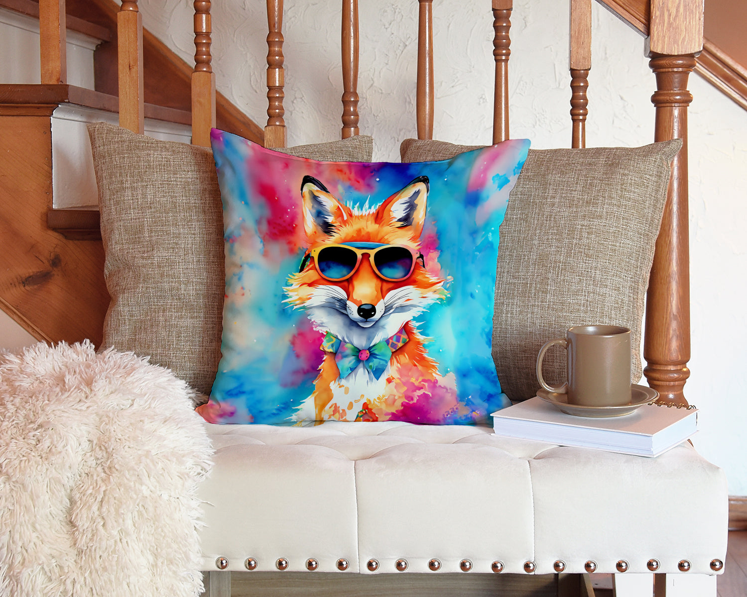 Hippie Animal Fox Decorative Throw Pillow 14x14 Indoor Outdoor Accent Cushion, Fabric Cover with Insert for Sofa, Bed, Porch & Living Room