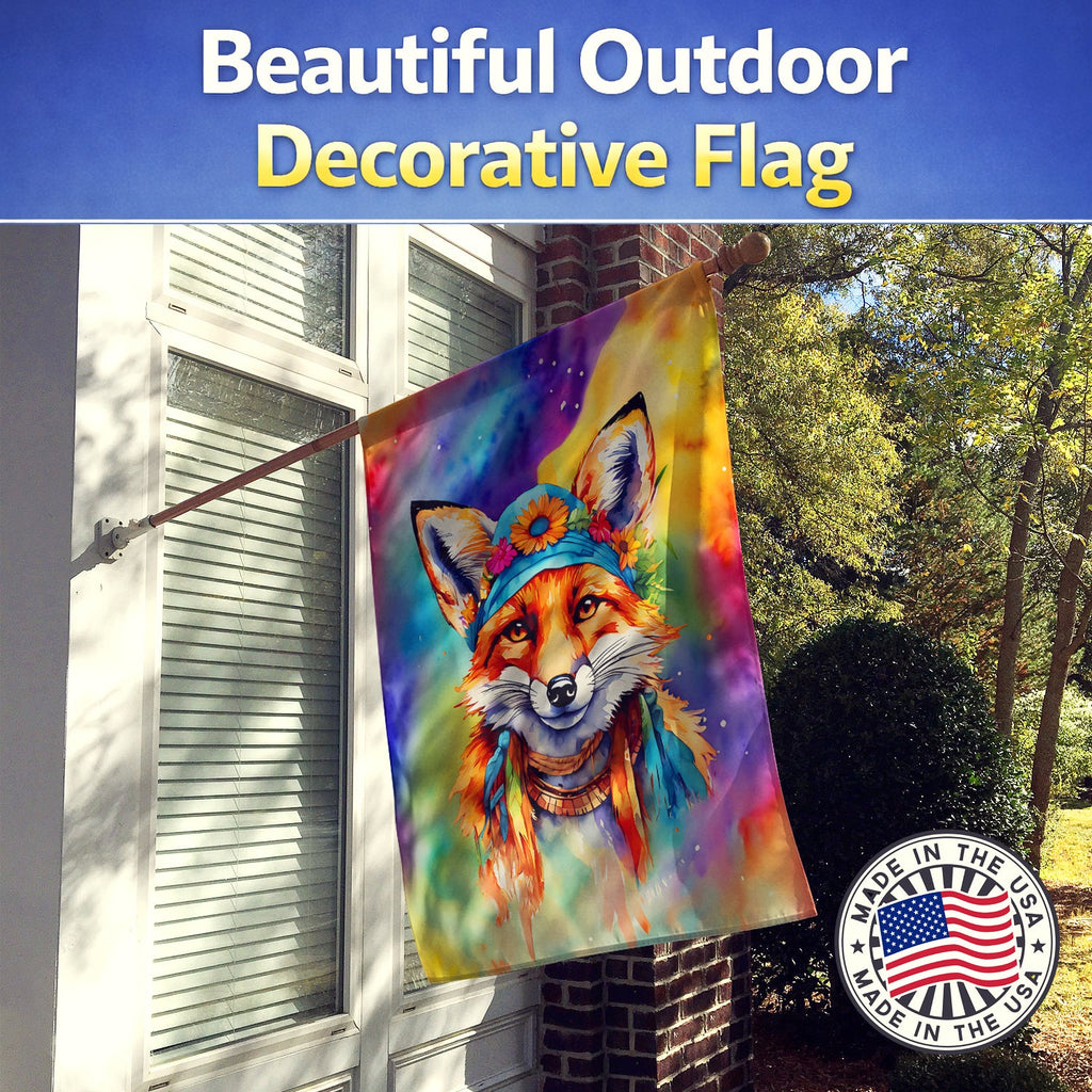 Hippie Animal Fox House Flag 28x40 Porch Sleeve Pole Decorative Outside Yard Banner Artwork Wall Hanging, Polyester