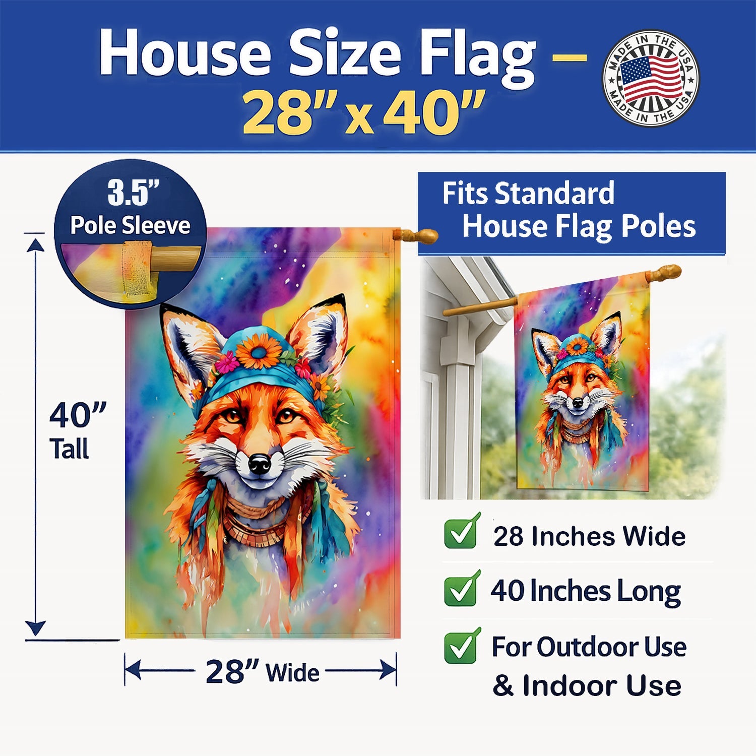 Hippie Animal Fox House Flag 28x40 Porch Sleeve Pole Decorative Outside Yard Banner Artwork Wall Hanging, Polyester