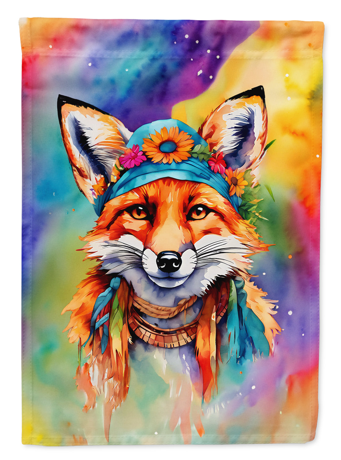 Hippie Animal Fox House Flag 28x40 Porch Sleeve Pole Decorative Outside Yard Banner Artwork Wall Hanging, Polyester