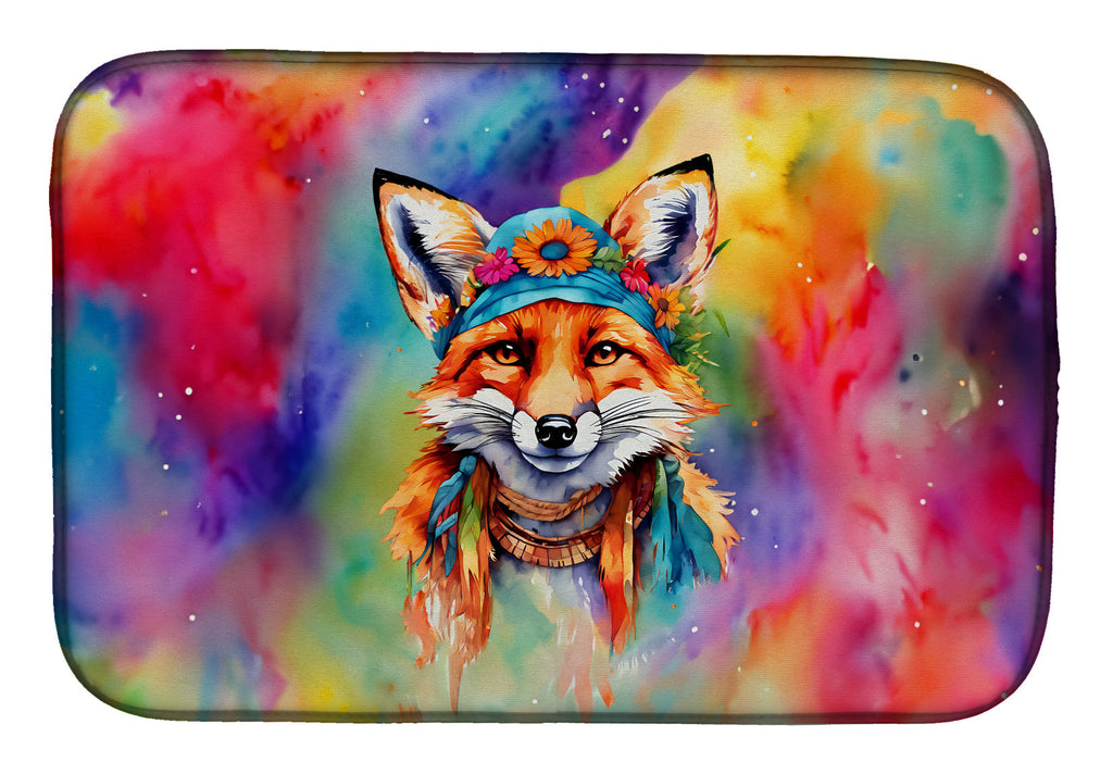 Hippie Animal Fox Dish Drying Mat Absorbent Dish Drying Mat Pad for Kitchen Counter Dish Drainer Mat for Countertop, 14 x 21", Multicolor