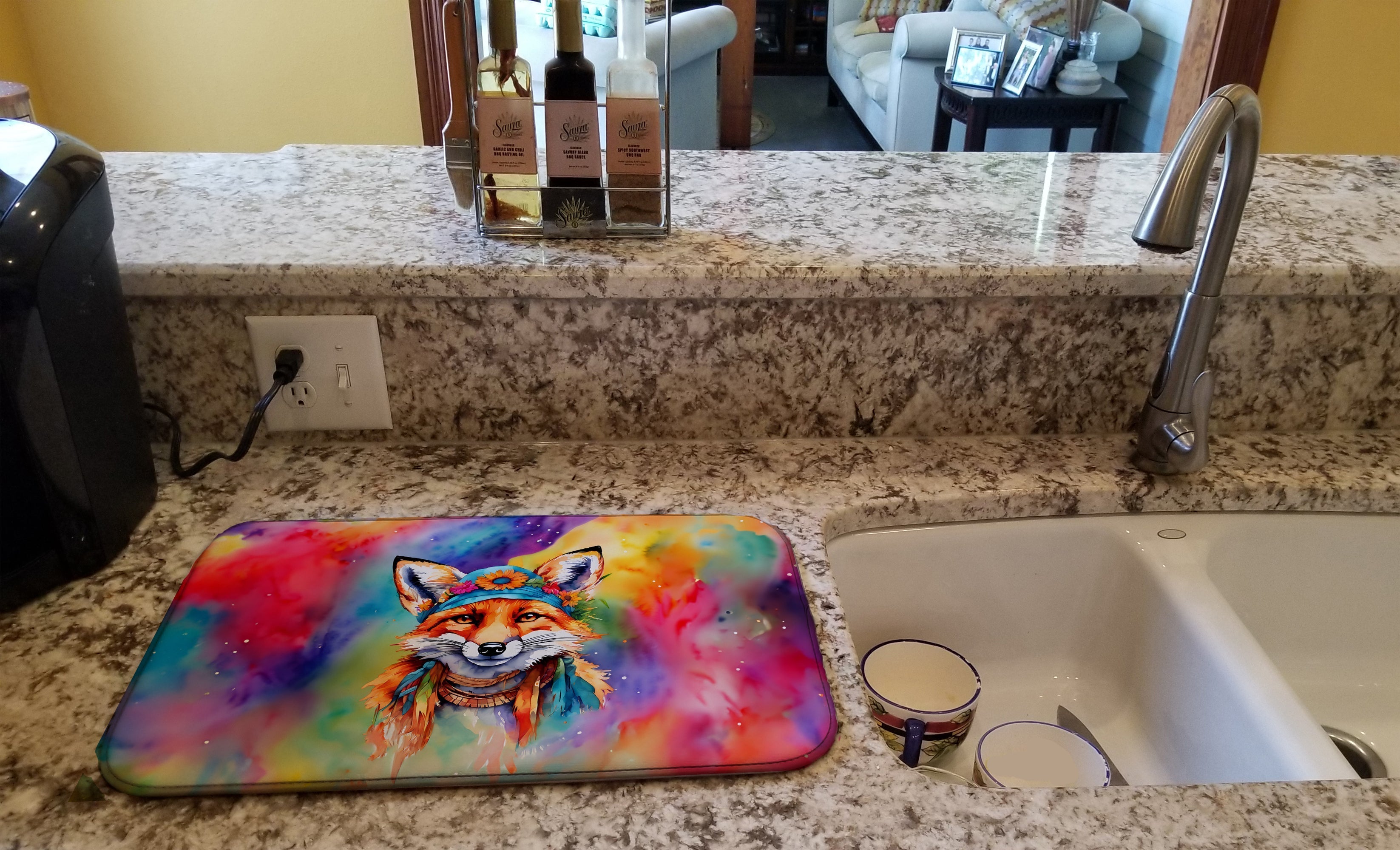 Hippie Animal Fox Dish Drying Mat Absorbent Dish Drying Mat Pad for Kitchen Counter Dish Drainer Mat for Countertop, 14 x 21", Multicolor
