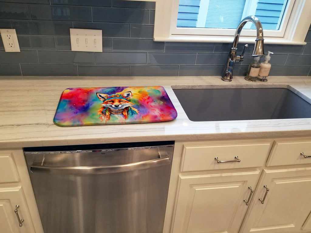 Hippie Animal Fox Dish Drying Mat Absorbent Dish Drying Mat Pad for Kitchen Counter Dish Drainer Mat for Countertop, 14 x 21", Multicolor