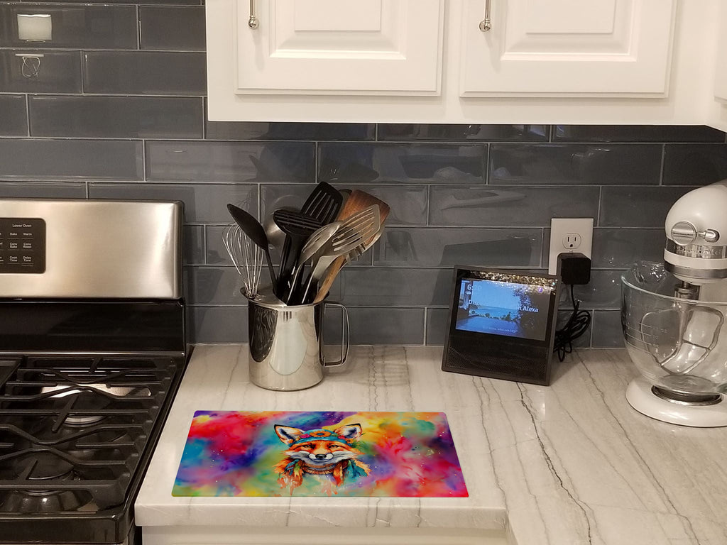 Hippie Animal Fox Cutting Board Tempered Glass Kitchen Cutting Surface, Heat Resistant Chopping, Non-Slip Feet, Food Prep & Serving