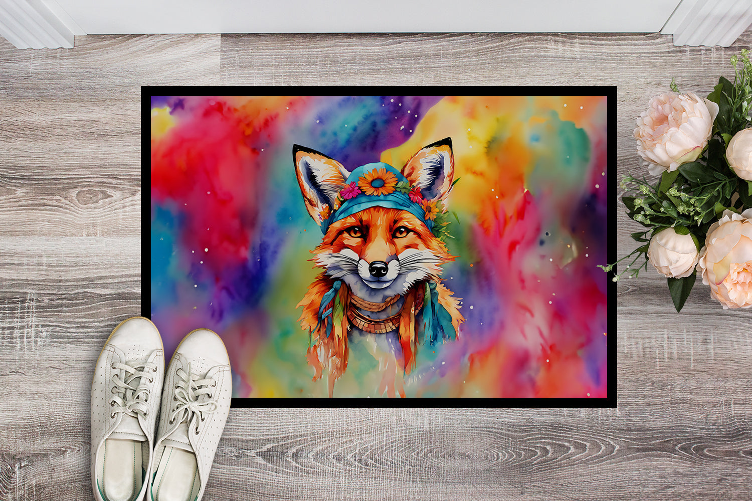 Hippie Animal Fox Doormat Indoor Outdoor 18H X 27W Front Door Mat Rugs for Entryway, Non Slip Washable