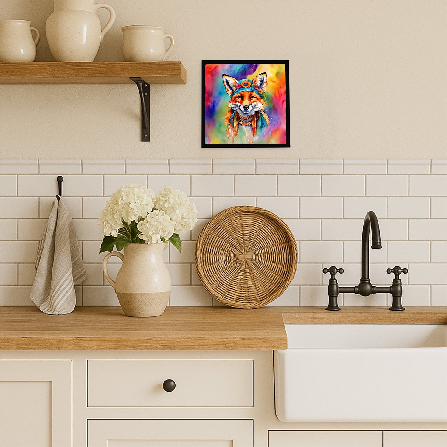 Hippie Animal Fox Framed Metal Print Bathroom, Kitchen, Office, Home Decor Wall Art Ready to Hang, Square, 8X8