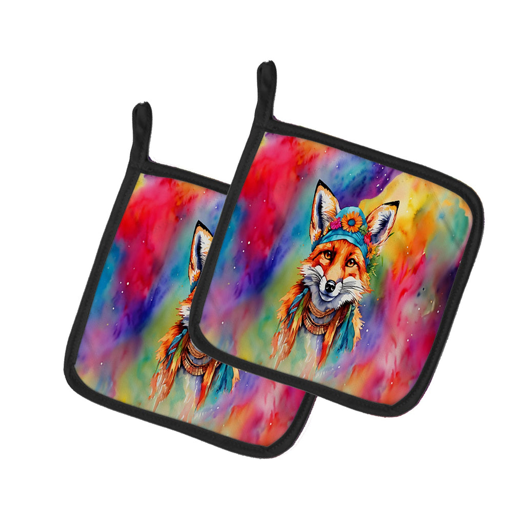 Hippie Animal Fox Pot Holder Set of 2 Heat Resistant Quilted Hot Pads 7.5 x 7.5 Inch, Insulated Kitchen Trivets for Cooking & Baking