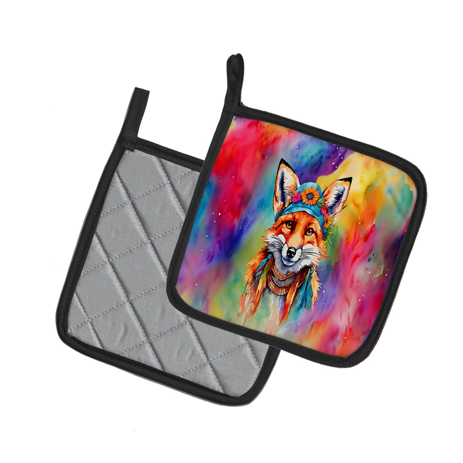Hippie Animal Fox Pot Holder Set of 2 Heat Resistant Quilted Hot Pads 7.5 x 7.5 Inch, Insulated Kitchen Trivets for Cooking & Baking