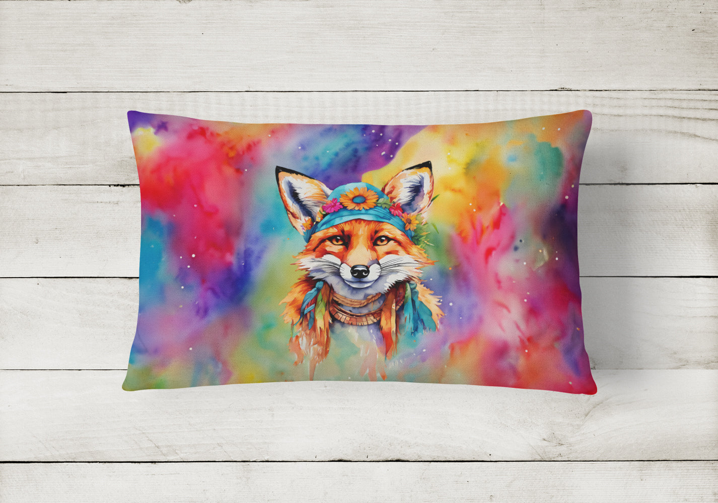 Hippie Animal Fox Decorative Throw Pillow 12x16 Indoor Outdoor Accent Cushion, Fabric Cover with Insert for Sofa, Bed, Porch & Living Room