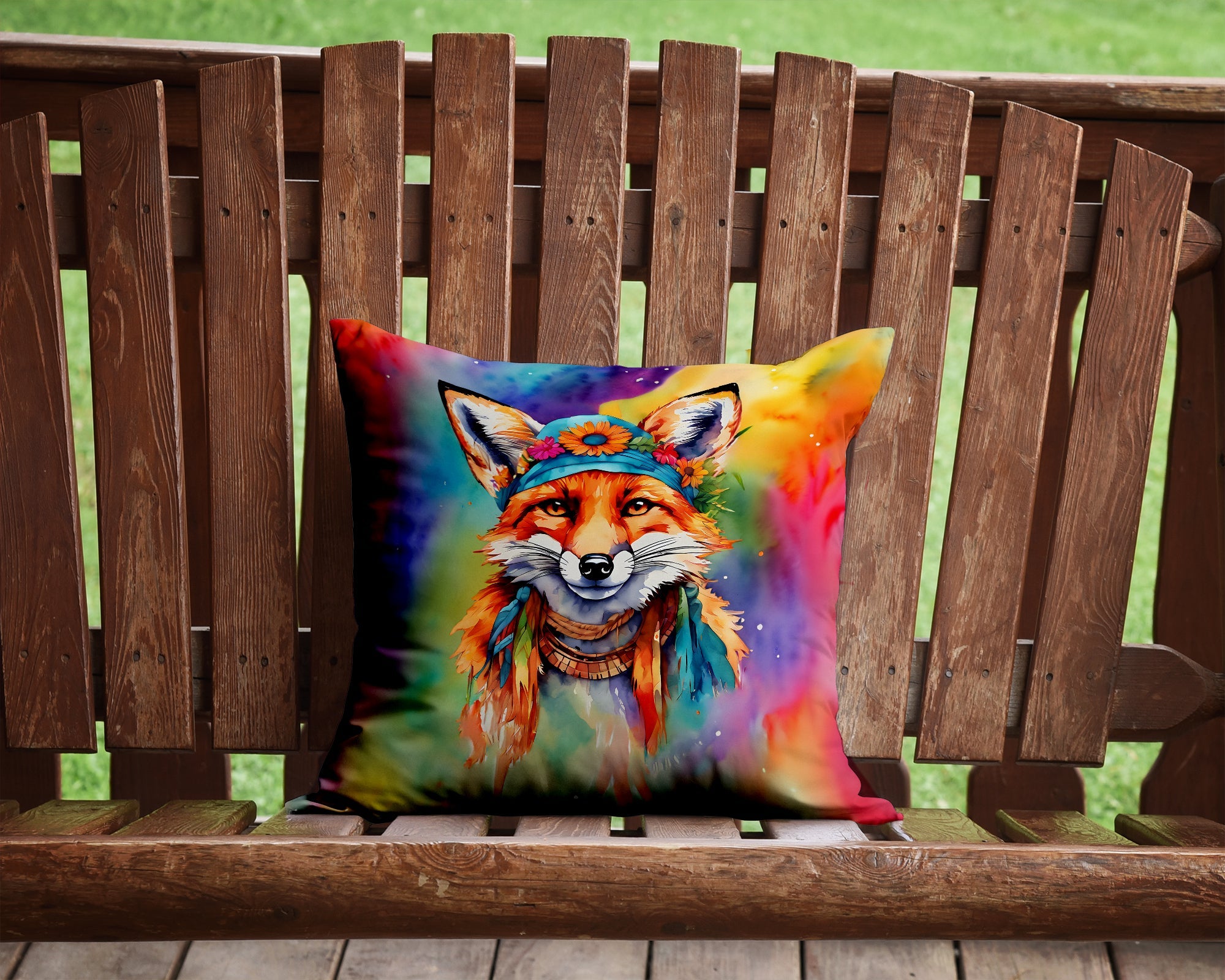 Hippie Animal Fox Decorative Throw Pillow 14x14 Indoor Outdoor Accent Cushion, Fabric Cover with Insert for Sofa, Bed, Porch & Living Room