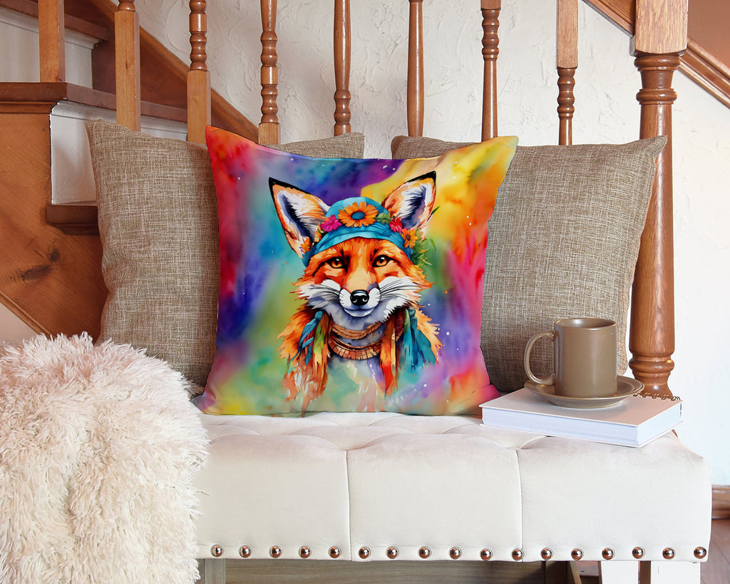 Hippie Animal Fox Decorative Throw Pillow 14x14 Indoor Outdoor Accent Cushion, Fabric Cover with Insert for Sofa, Bed, Porch & Living Room