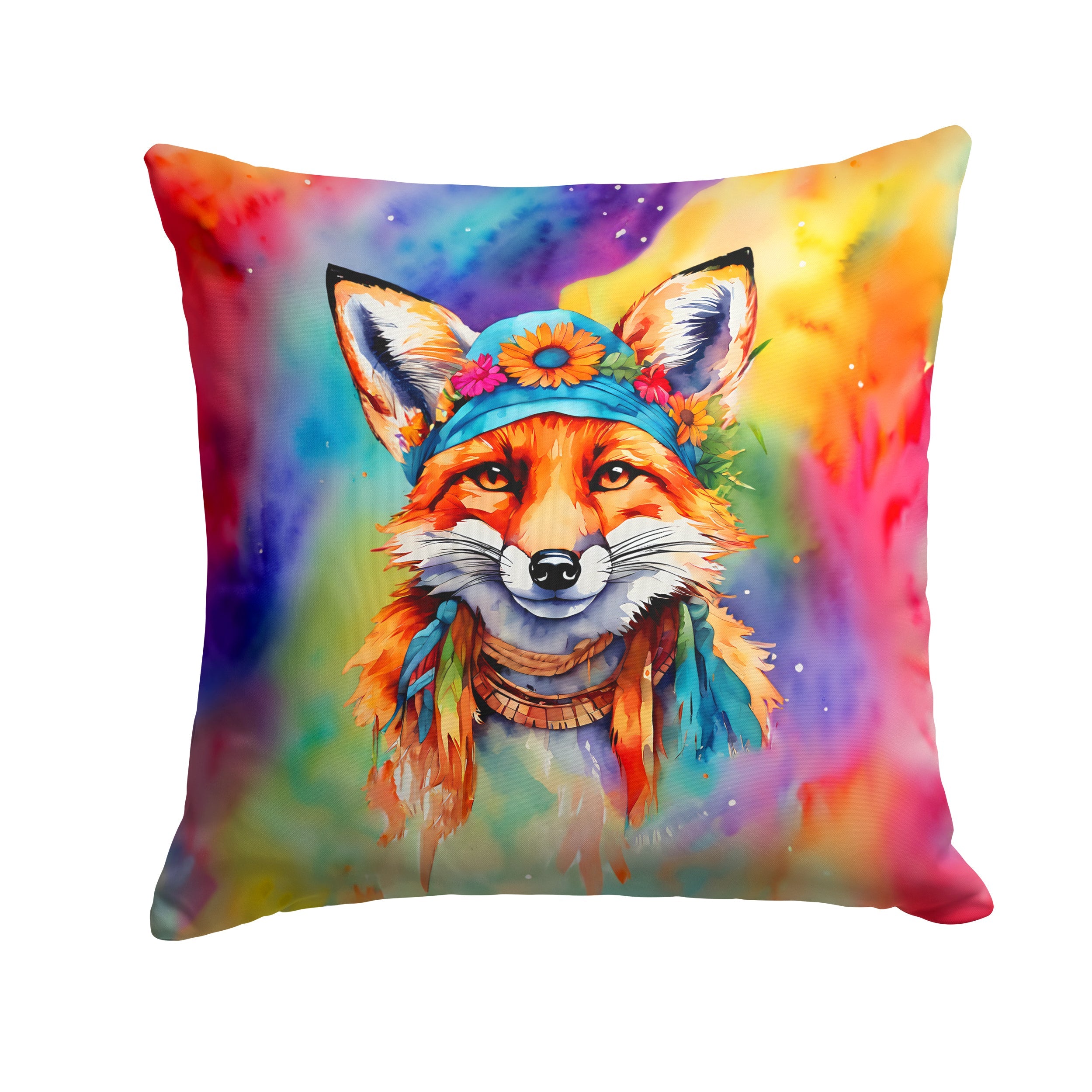 Hippie Animal Fox Decorative Throw Pillow 18x18 Indoor Outdoor Accent Cushion, Fabric Cover with Insert for Sofa, Bed, Porch & Living Room