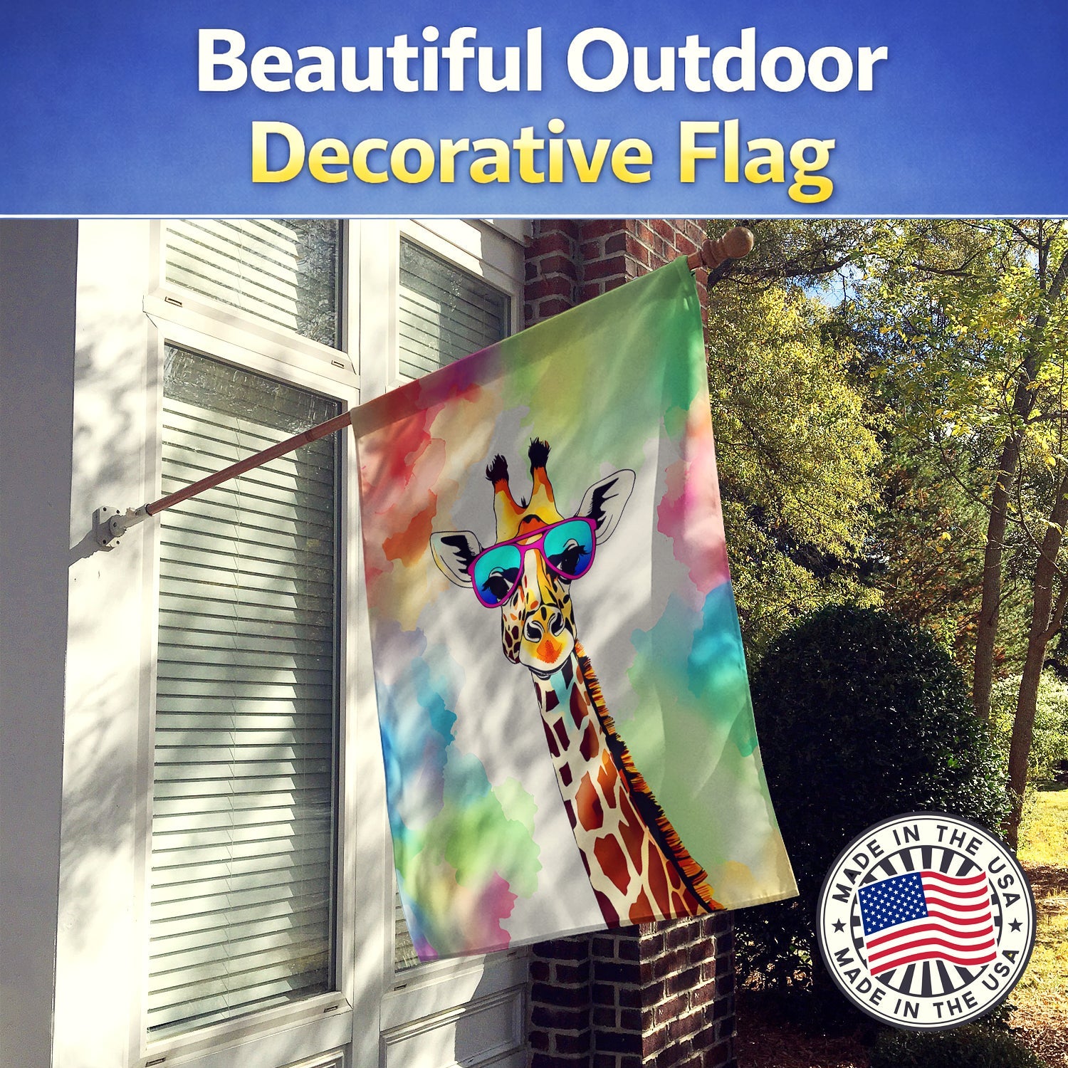 Hippie Animal Giraffe House Flag 28x40 Porch Sleeve Pole Decorative Outside Yard Banner Artwork Wall Hanging, Polyester