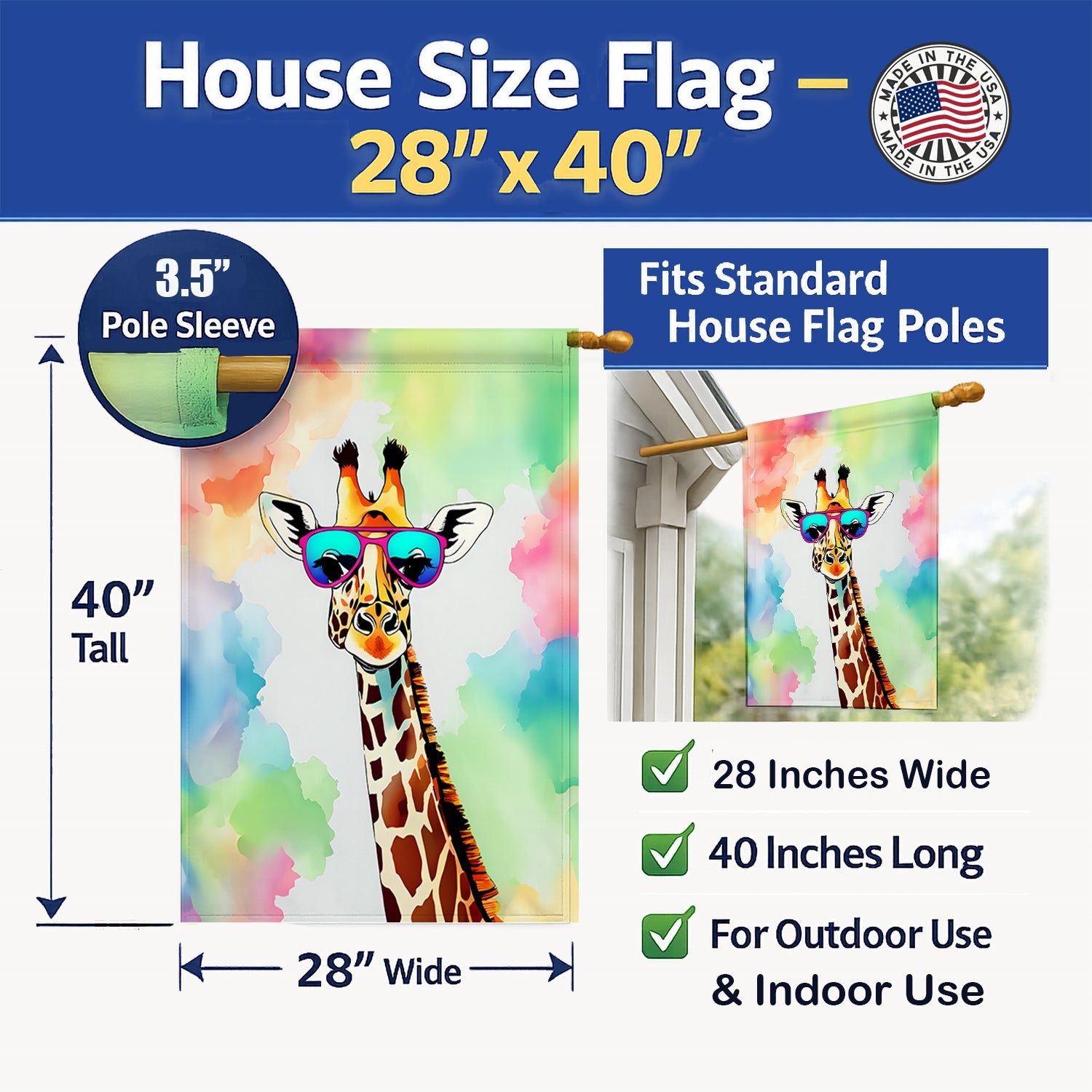 Hippie Animal Giraffe House Flag 28x40 Porch Sleeve Pole Decorative Outside Yard Banner Artwork Wall Hanging, Polyester