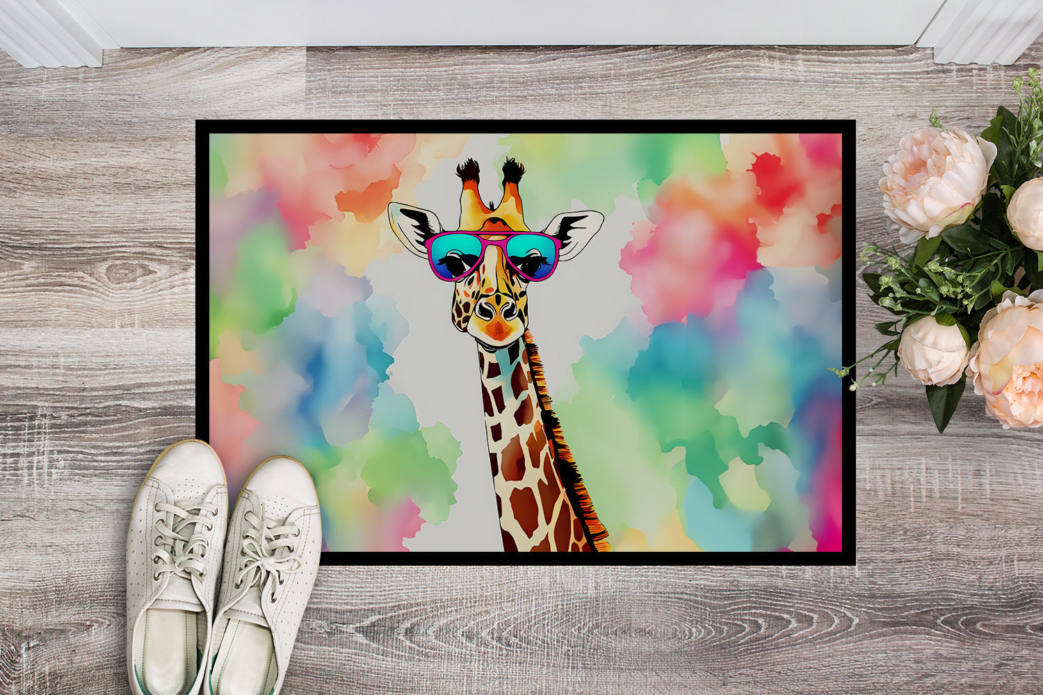 Hippie Animal Giraffe Doormat Indoor Outdoor 24H X 36W Front Door Mat Rugs for Entryway, Non Slip Washable Low Pile,