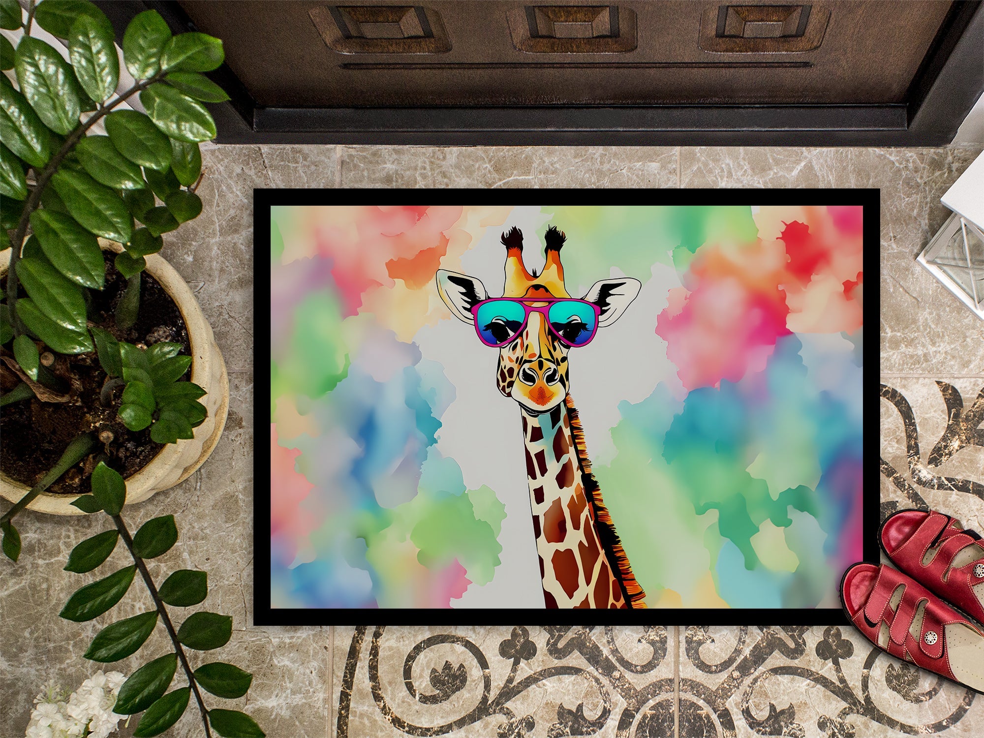 Hippie Animal Giraffe Doormat Indoor Outdoor 24H X 36W Front Door Mat Rugs for Entryway, Non Slip Washable Low Pile,