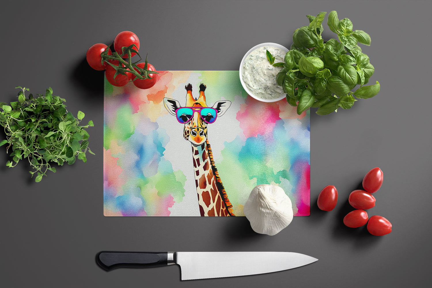 Hippie Animal Giraffe Cutting Board Tempered Glass Kitchen Cutting Surface, Heat Resistant Chopping, Non-Slip Feet, Food Prep & Serving