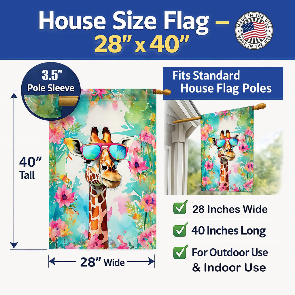 Hippie Animal Giraffe House Flag 28x40 Porch Sleeve Pole Decorative Outside Yard Banner Artwork Wall Hanging, Polyester