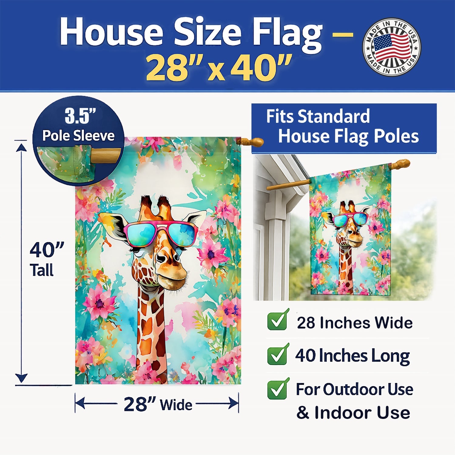 Hippie Animal Giraffe House Flag 28x40 Porch Sleeve Pole Decorative Outside Yard Banner Artwork Wall Hanging, Polyester