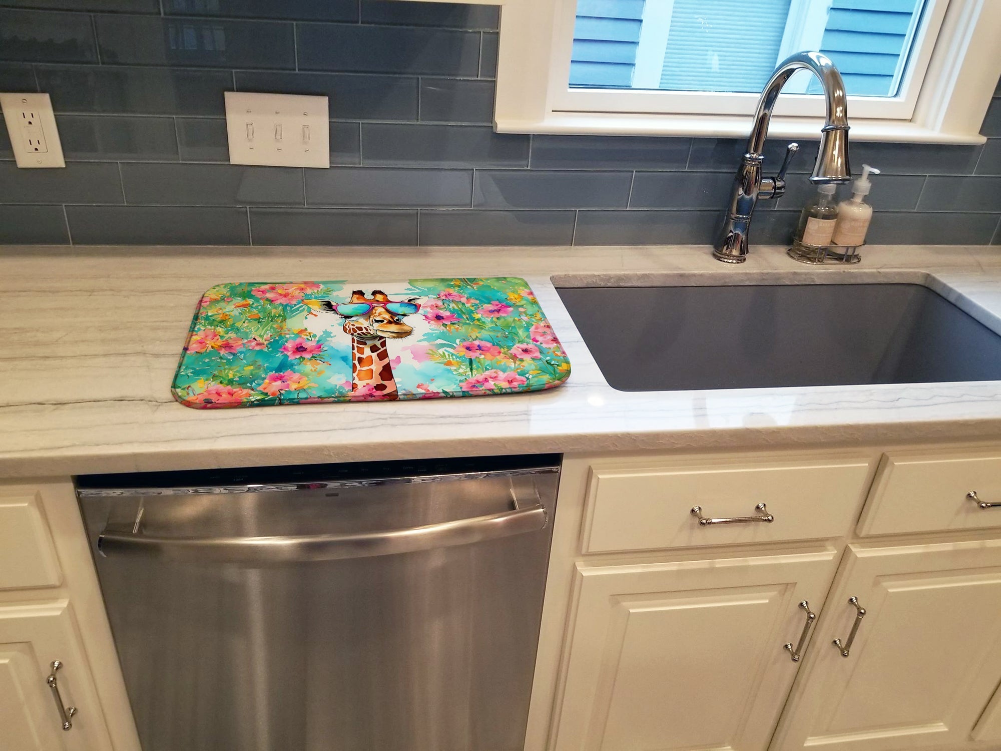 Hippie Animal Giraffe Dish Drying Mat Absorbent Dish Drying Mat Pad for Kitchen Counter Dish Drainer Mat for Countertop, 14 x 21", Multicolor