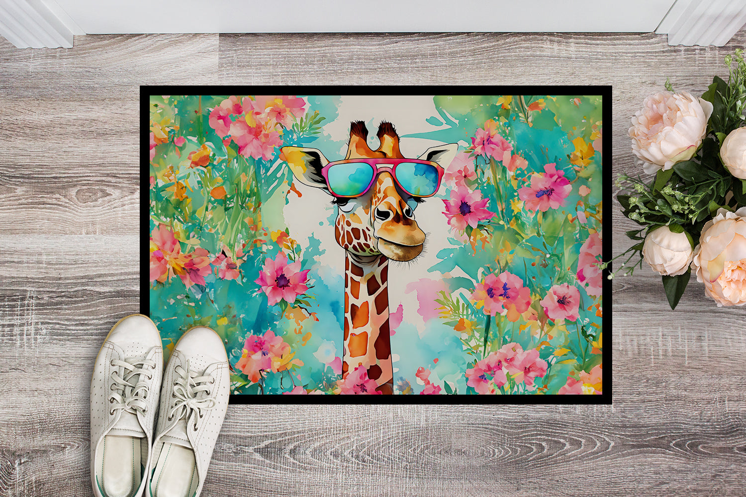 Hippie Animal Giraffe Doormat Indoor Outdoor 24H X 36W Front Door Mat Rugs for Entryway, Non Slip Washable Low Pile,