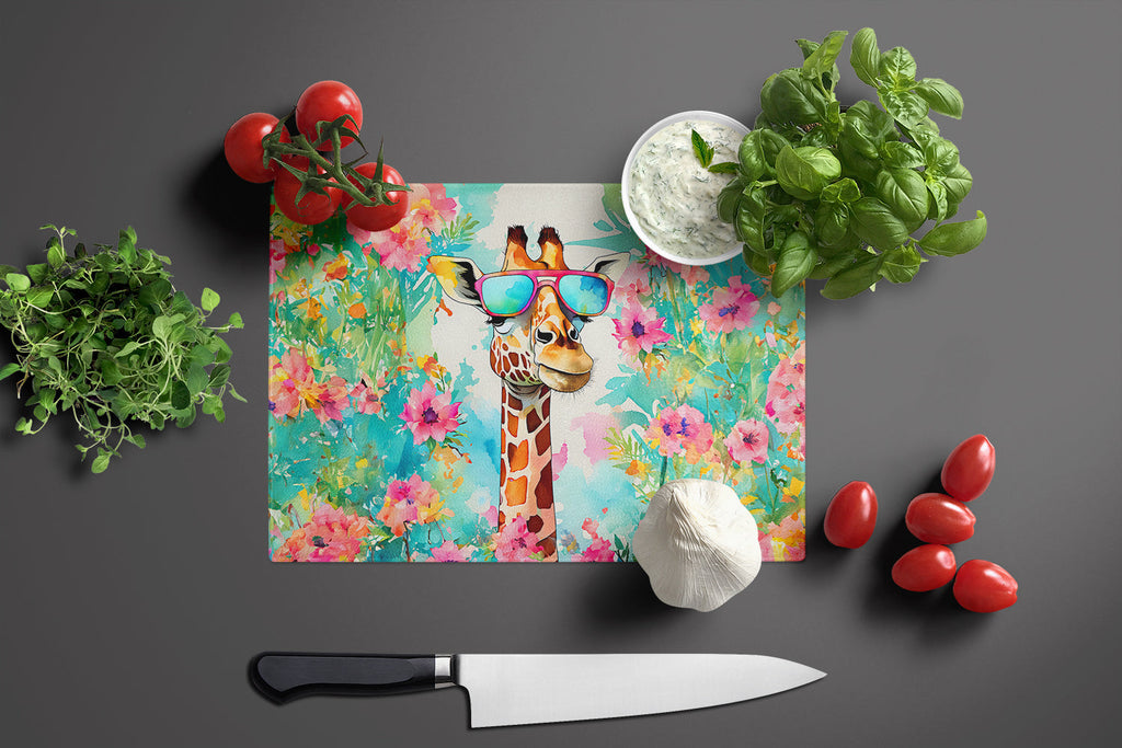 Hippie Animal Giraffe Cutting Board Tempered Glass Kitchen Cutting Surface, Heat Resistant Chopping, Non-Slip Feet, Food Prep & Serving