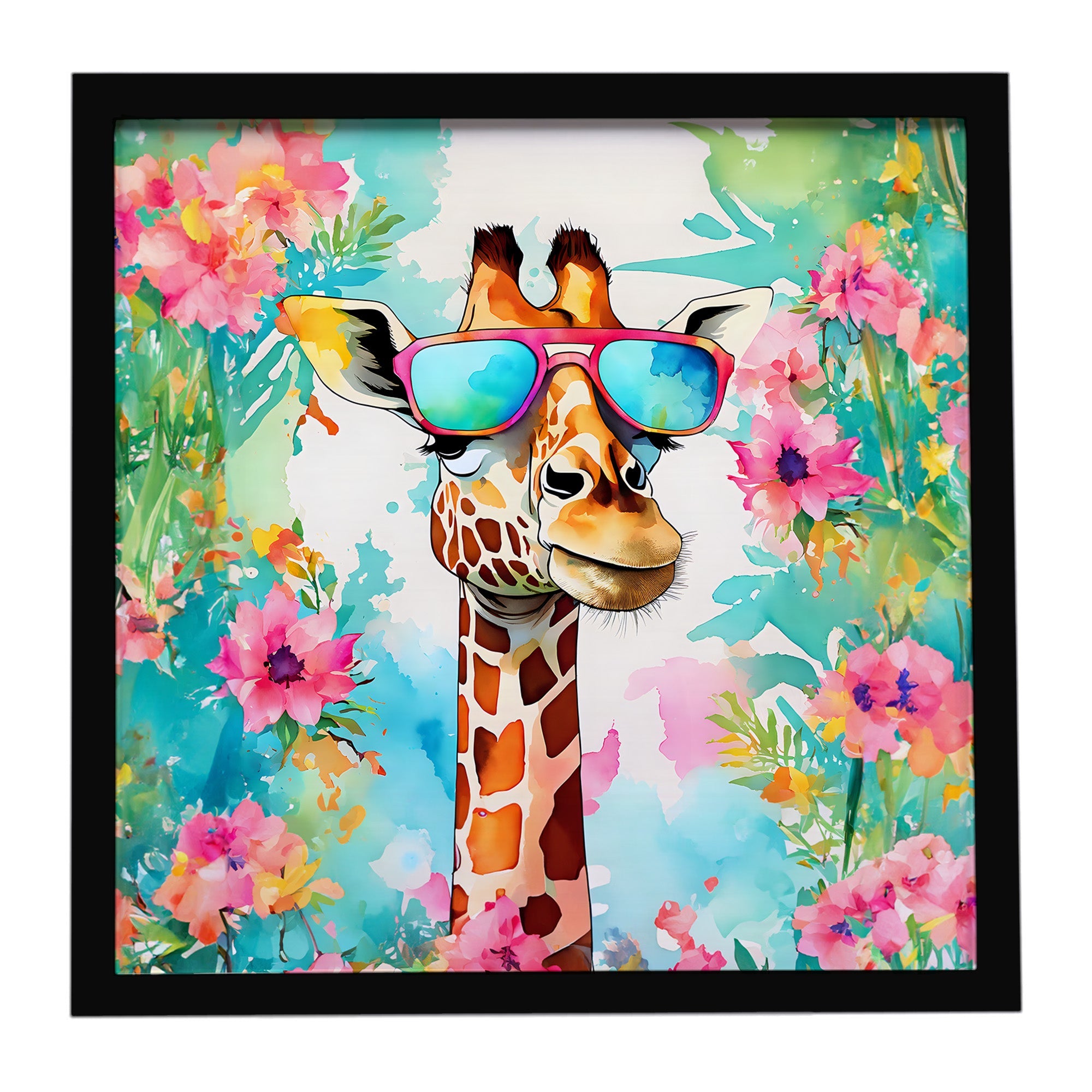 Hippie Animal Giraffe Framed Metal Print Bathroom, Kitchen, Office, Home Decor Wall Art Ready to Hang, Square, 8X8