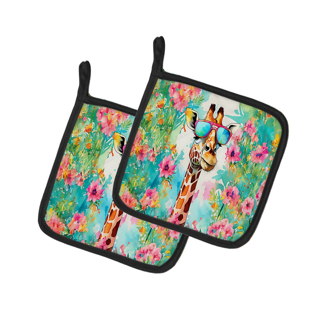 Hippie Animal Giraffe Pot Holder Set of 2 Heat Resistant Quilted Hot Pads 7.5 x 7.5 Inch, Insulated Kitchen Trivets for Cooking & Baking