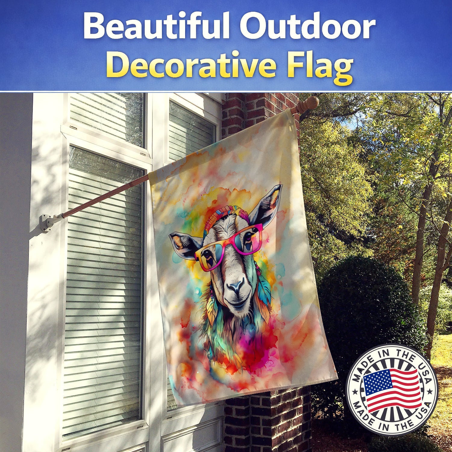 Hippie Animal Goat House Flag 28x40 Porch Sleeve Pole Decorative Outside Yard Banner Artwork Wall Hanging, Polyester