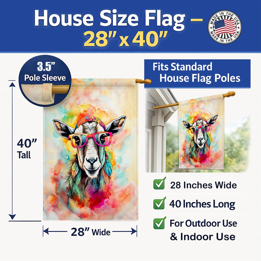 Hippie Animal Goat House Flag 28x40 Porch Sleeve Pole Decorative Outside Yard Banner Artwork Wall Hanging, Polyester