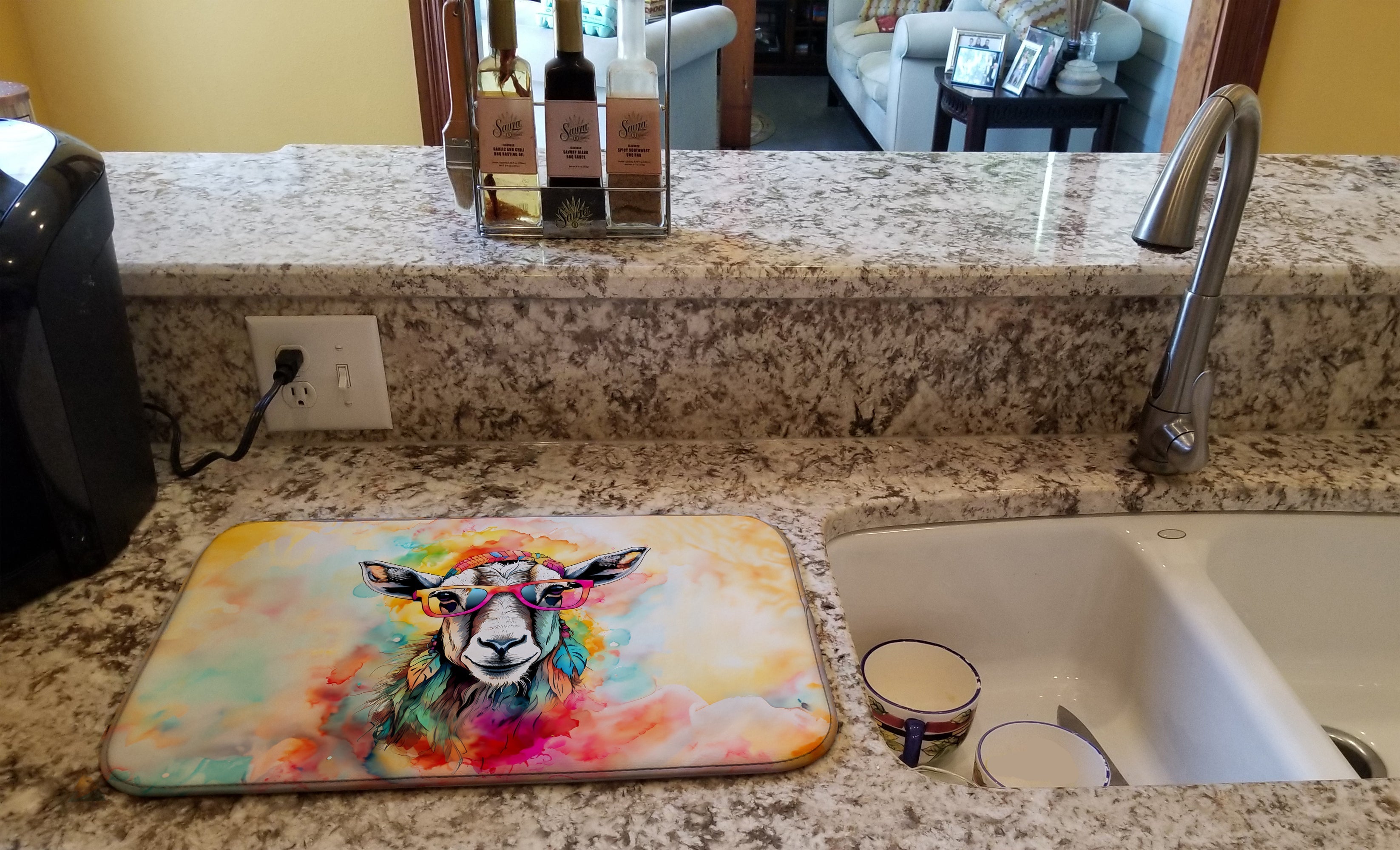 Hippie Animal Goat Dish Drying Mat Absorbent Dish Drying Mat Pad for Kitchen Counter Dish Drainer Mat for Countertop, 14 x 21", Multicolor