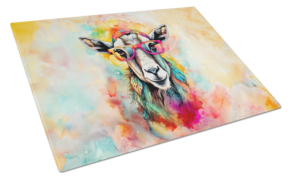 Hippie Animal Goat Cutting Board Tempered Glass Kitchen Cutting Surface, Heat Resistant Chopping, Non-Slip Feet, Food Prep & Serving