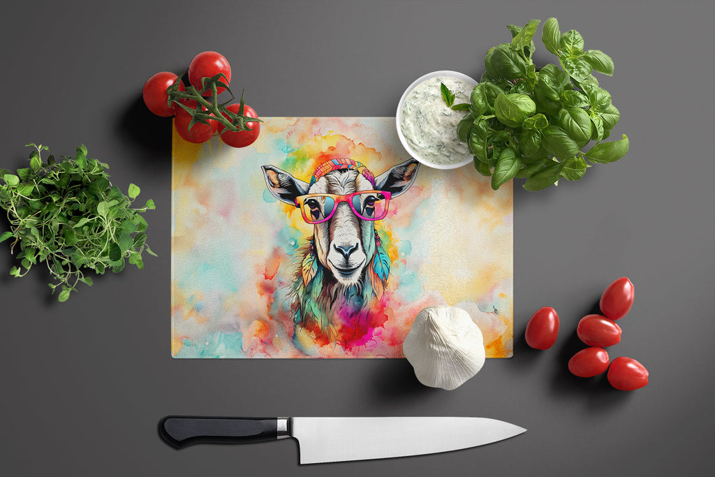 Hippie Animal Goat Cutting Board Tempered Glass Kitchen Cutting Surface, Heat Resistant Chopping, Non-Slip Feet, Food Prep & Serving