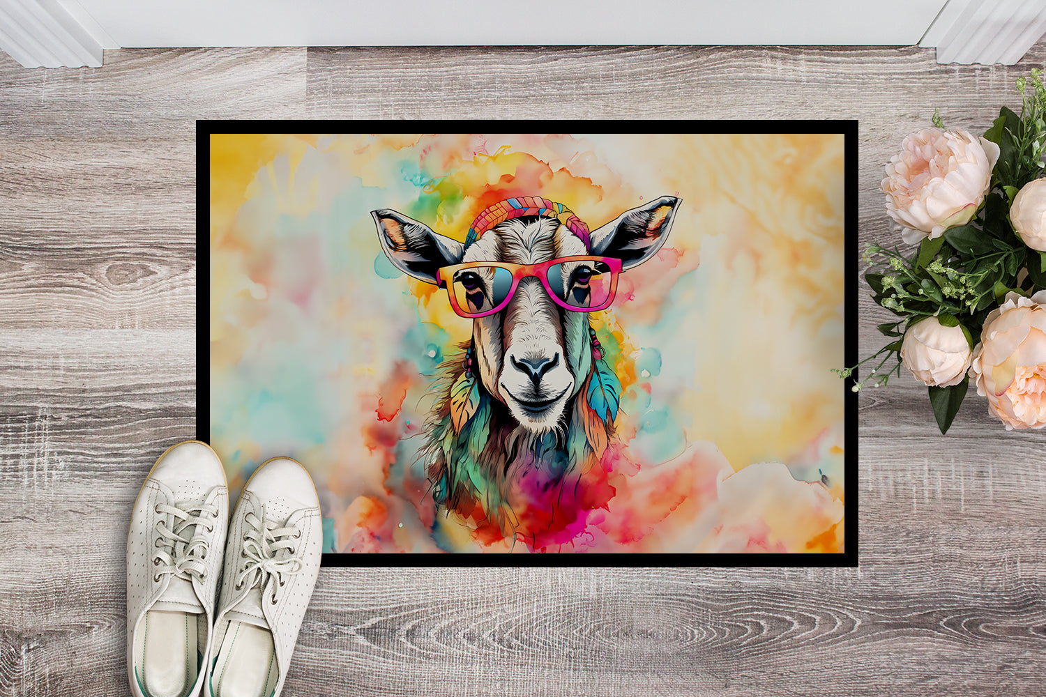 Hippie Animal Goat Doormat Indoor Outdoor 18H X 27W Front Door Mat Rugs for Entryway, Non Slip Washable