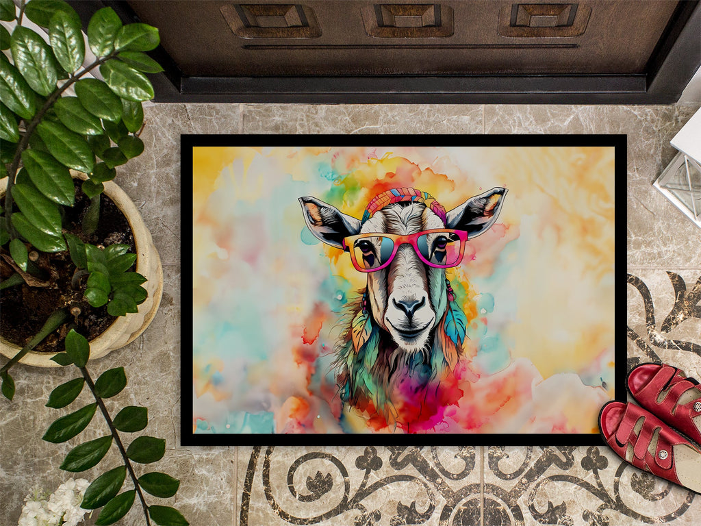 Hippie Animal Goat Doormat Indoor Outdoor 18H X 27W Front Door Mat Rugs for Entryway, Non Slip Washable