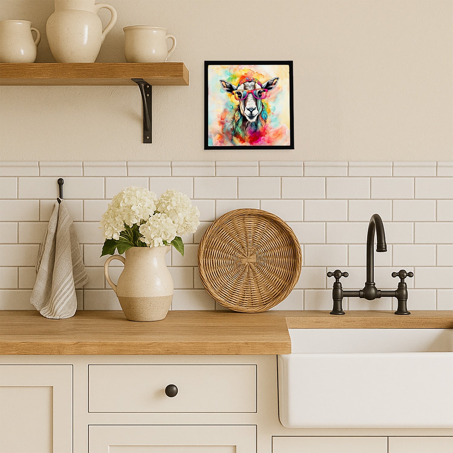 Hippie Animal Goat Framed Metal Print Bathroom, Kitchen, Office, Home Decor Wall Art Ready to Hang, Square, 8X8