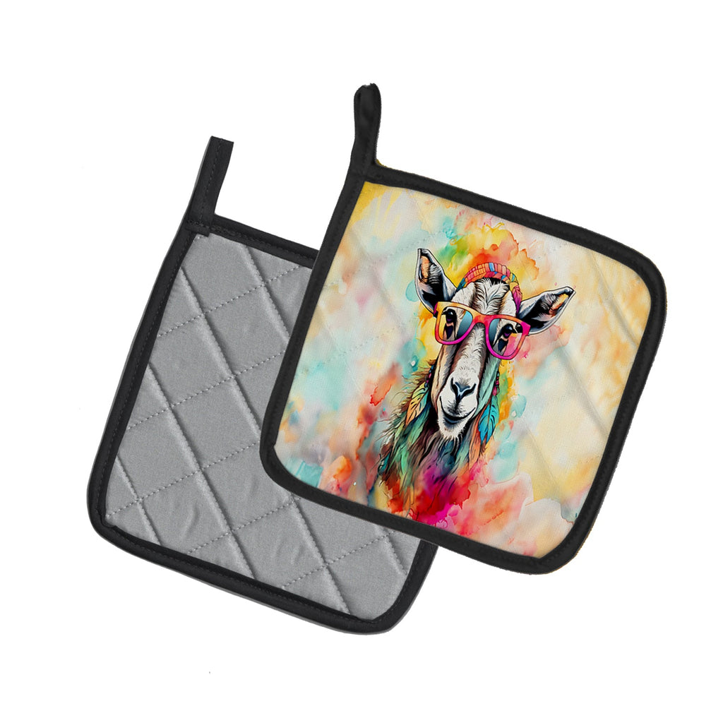 Hippie Animal Goat Pot Holder Set of 2 Heat Resistant Quilted Hot Pads 7.5 x 7.5 Inch, Insulated Kitchen Trivets for Cooking & Baking