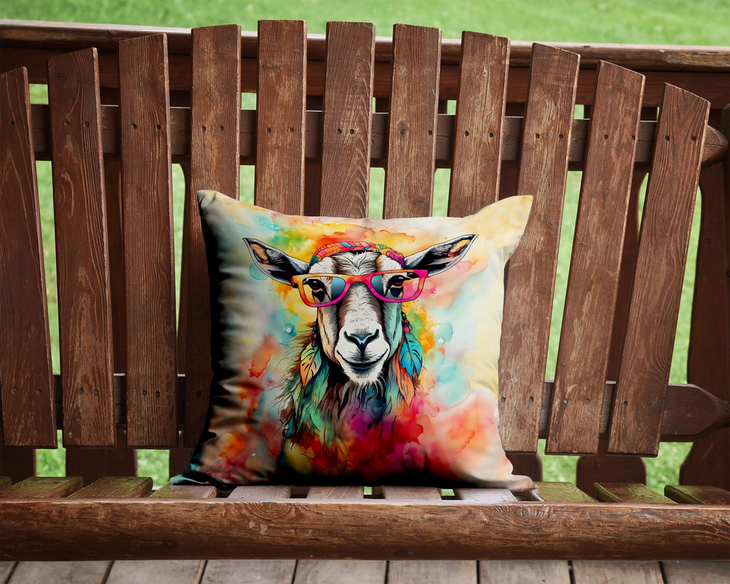 Hippie Animal Goat Decorative Throw Pillow 14x14 Indoor Outdoor Accent Cushion, Fabric Cover with Insert for Sofa, Bed, Porch & Living Room